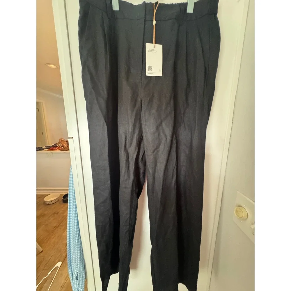 Quince Black European Linen Pleated Elastic Waist Pants Womens 14 New